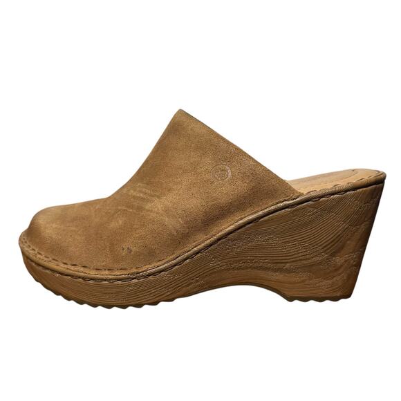 Born Natalie Clog Women 9M Tan Brown Leather Wedge Slide On Boho Woodgrain Heel - Picture 1 of 7